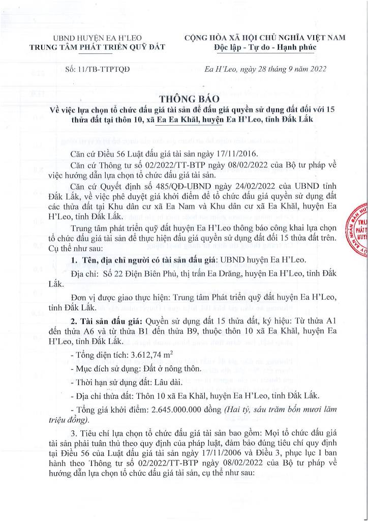 Thông báo lựa chọn tổ chức đầu giá tài sản để tổ chức đấu giá quyền sử dụng đất đối với 12 thửa đất tại thôn 4, xã Ea Tir